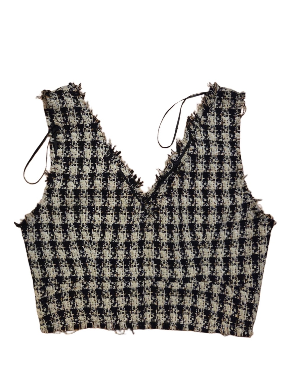 Frayed Tweed V-Neck Cropped Tank - Black & Cream